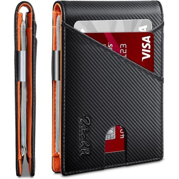 RFID Blocking Bifold Minimalist Wallets with Gift Box Modern Black Orange